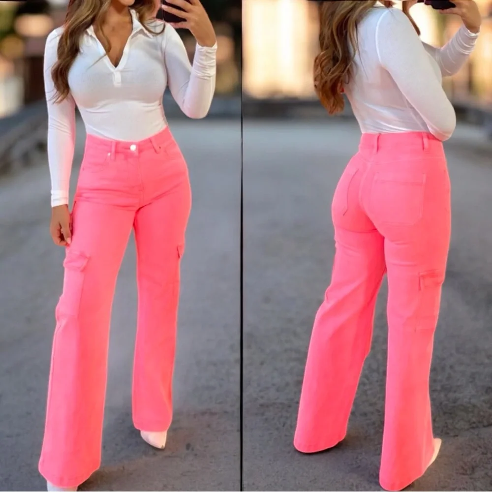 Risen Hot Neon Pink High Rise Wide Leg Cargo Jeans Size 15/32 - Picture 1 of 14